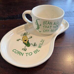 Punny Vintage Ceramic Snack Set Bean Cup and Corn Tray